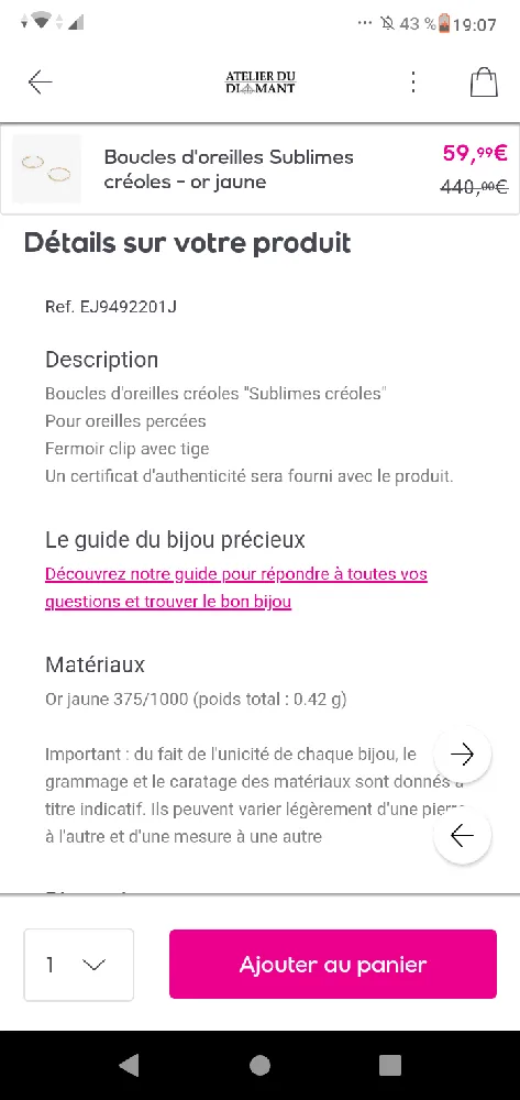 0,42 gr or 9 carats 440€ !!!!!! Donc si c'était du 18