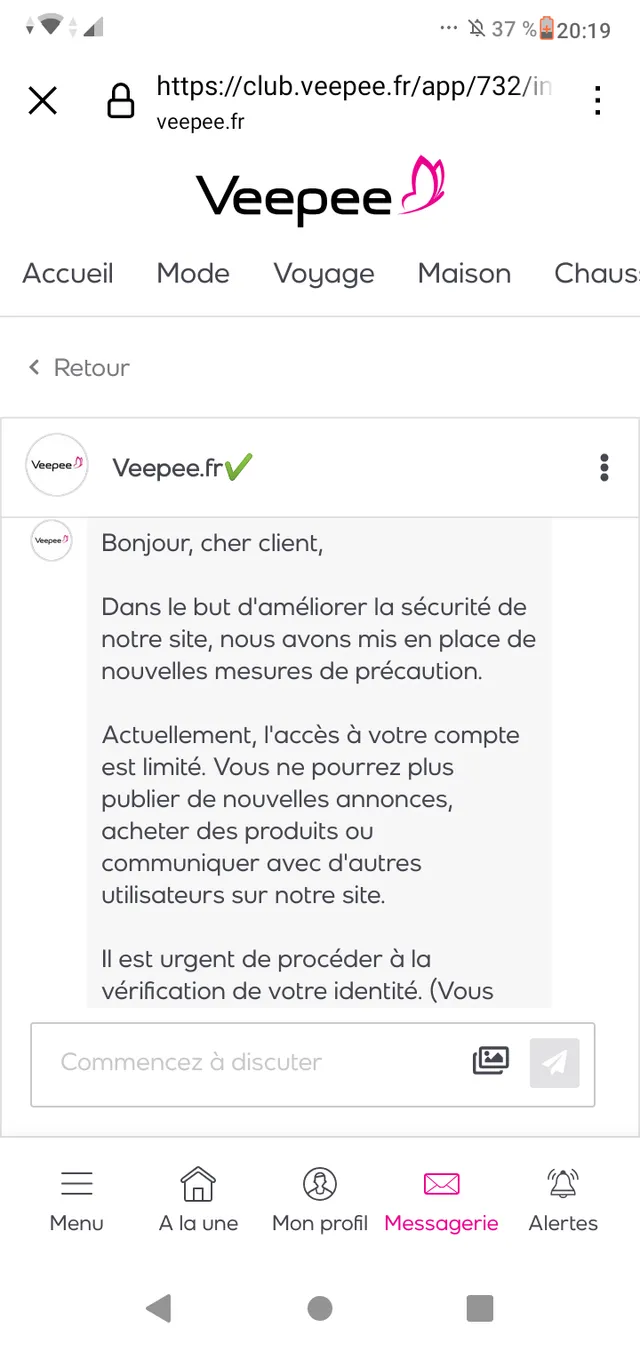 Courrier bizarre de Veepee reçu dans messagerie