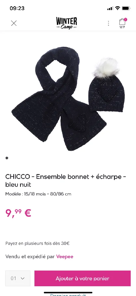 CHICCO- Ensemble bonnet + écharpe - bleu nuit